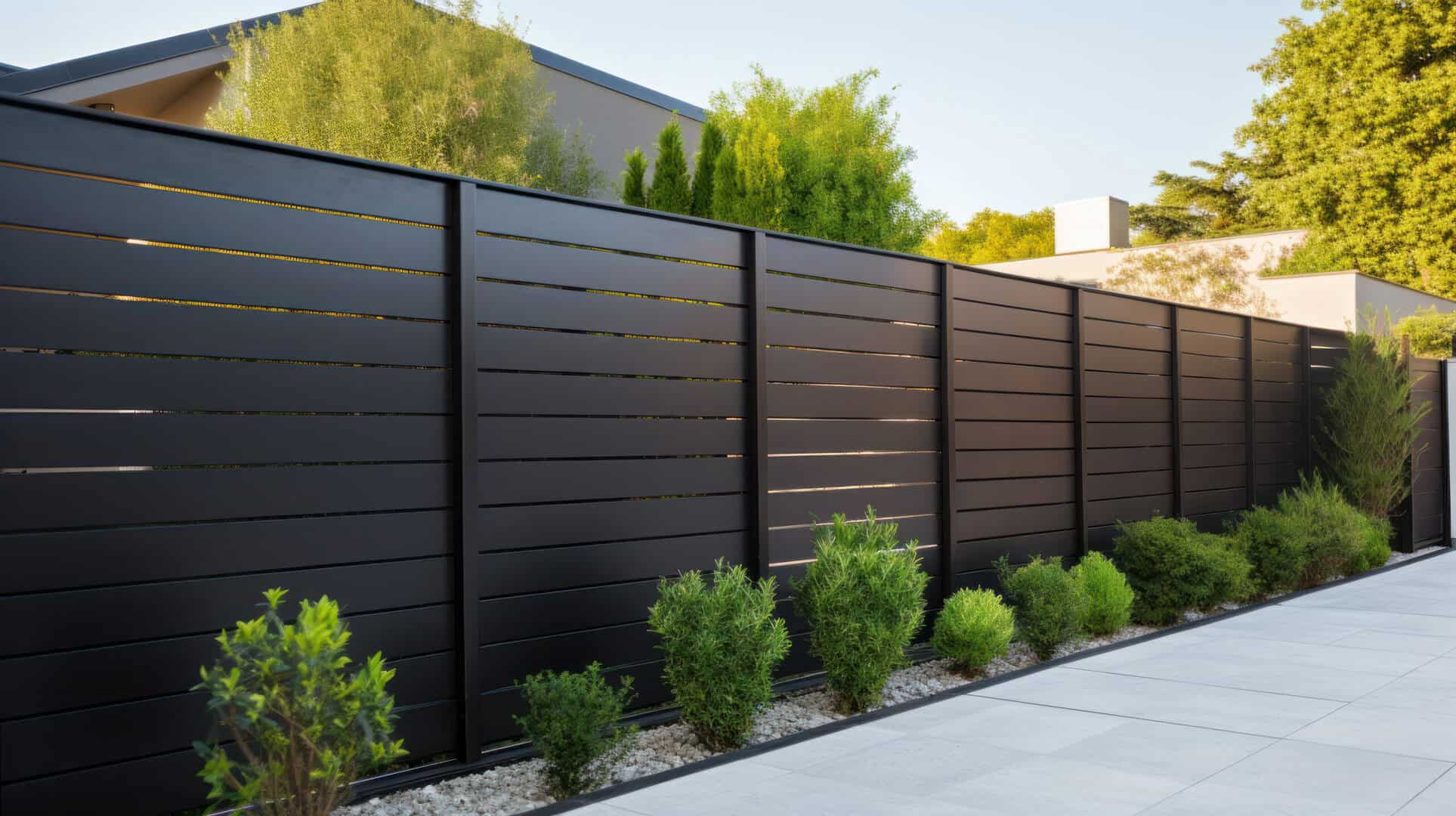Modern metal fence panels for fencing the yard area. Horizontal sections of the fence made of metal